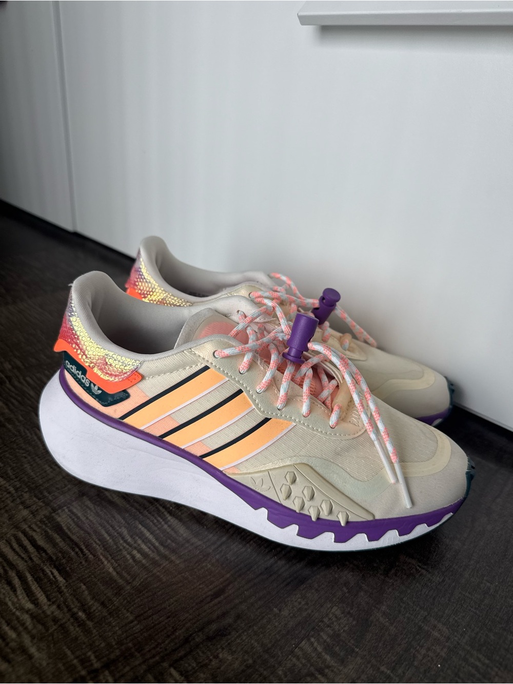 adidas Women’s Cream Sneakers with Peach Stripes and Purple Trim